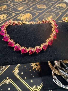 14k Yellow Gold Plated 5Ct Trillion Cut Simulated Red Ruby Tennis Bracelet